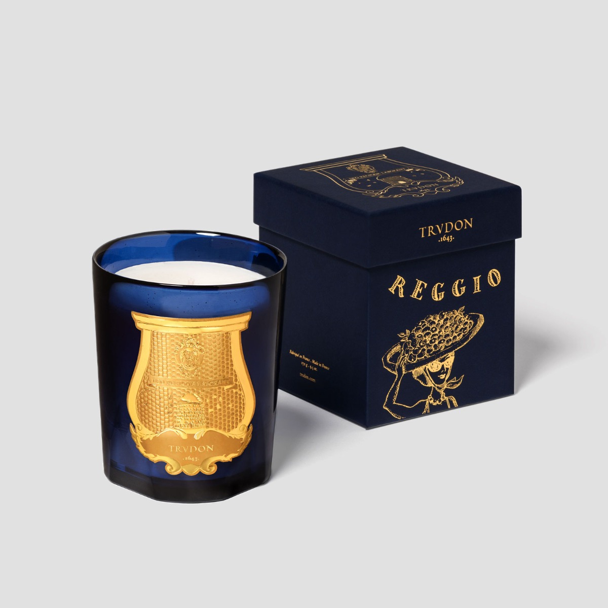 Trudon classic scented candle Reggio - Belles matières collection - packshot with box