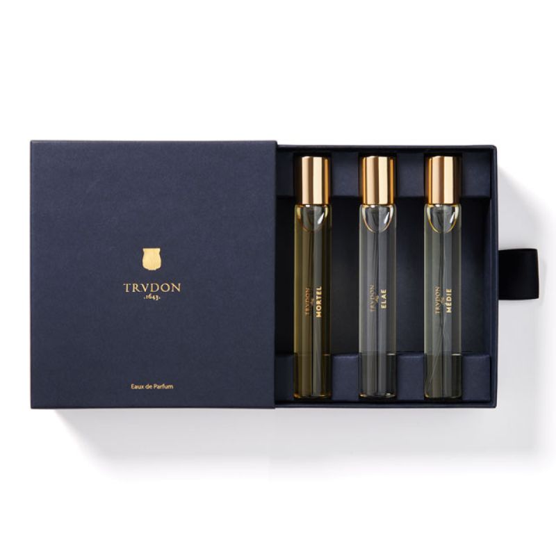 Trudon, gift set closed, with 3 Eaux de Parfum - travel size, Elae, Mortel and Médie.