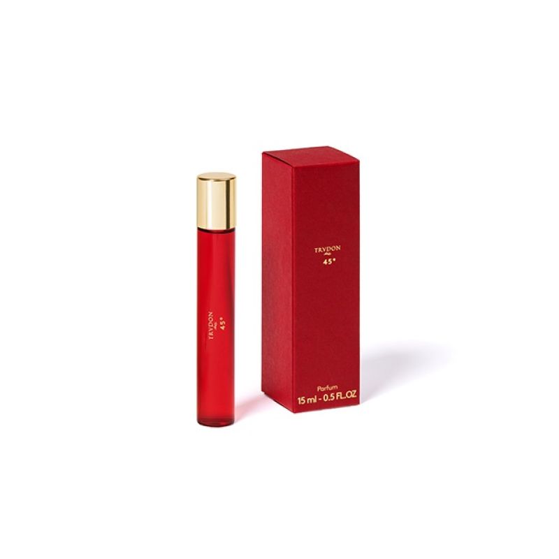 Small red perfume bottle, golden cap and packaging